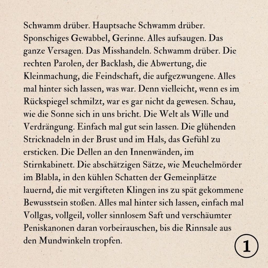 Schwamm drüber. Hauptsache Schwamm drüber. Sponschiges Gewabbel, Gerinne. Alles aufsaugen. Das ganze Versagen. Das Misshandeln. Schwamm drüber. Die rechten Parolen, der Backlash, die Abwertung, die Kleinmachung, die Feindschaft, die aufgezwungene. Alles mal hinter sich lassen, was war. Denn vielleicht, wenn es im Rückspiegel schmilzt, war es gar nicht da gewesen. Schau, wie die Sonne sich in uns bricht. Die Welt als Wille und Verdrängung. Einfach mal gut sein lassen. Die glühenden Stricknadeln in der Brust und im Hals, das Gefühl zu ersticken. Die Dellen an den Innenwänden, im Stirnkabinett. Die abschätzigen Sätze, wie Meuchelmörder im Blabla, in den kühlen Schatten der Gemeinplätze lauernd, die mit vergifteten Klingen ins zu spät gekommene Bewusstsein stoßen. Alles mal hinter sich lassen, einfach mal Vollgas, vollgeil, voller sinnlosem Saft und verschäumter Peniskanonen daran vorbeirauschen, bis die Rinnsale aus den Mundwinkeln tropfen.